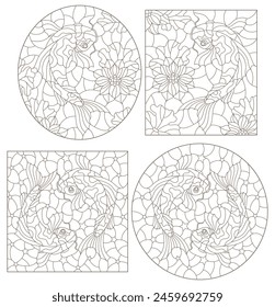 A set of contour illustrations of stained glass Windows with koi carp fishes on Lotus flowers , dark contours on a white background