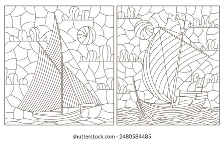 Un conjunto de ilustraciones de contorno de vitrales con barcos de vela antiguos, contornos oscuros sobre un fondo blanco