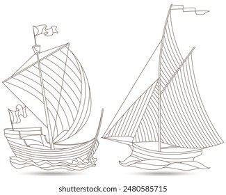 A set of contour illustrations of stained glass Windows with old sailing ships, dark contours on a white background