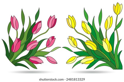 A set of contour illustrations of stained glass Windows with Tulipsin , isolated on a white background