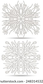 Conjunto de ilustraciones de contorno de vidrieras con arreglos florales de tulipanes y cruces, contornos oscuros sobre un fondo blanco