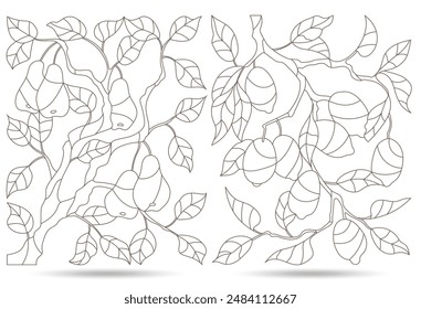 Set contour illustrations of stained glass, the branch of a lemon tree and a pear tree with ripe fruits, dark contour on a white background