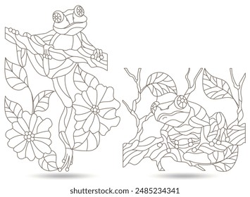 A set of contour illustrations of stained glass frogs sitting on tree branches, dark contours on a white background