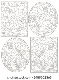 Set of contour illustrations of stained glass Windows with wild bull and moose on a background of forest landscape, dark contours on a white background