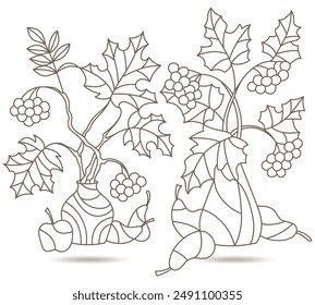 Set contour illustrations of stained glass with autumn still life, tree branches in vases and fruit, dark outlines on a white background