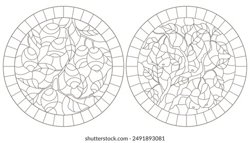 Establecer ilustraciones de contorno de vitrales, la rama de un árbol de limón y un peral con frutos maduros, contorno oscuro sobre un fondo blanco