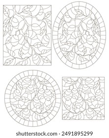 Set of contour illustrations of stained glass Windows with lemon leaves and fruit branches, round and rectangular image
