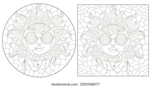 Set contour illustrations of stained glass sun with face, round and square image, dark outline isolated on a white background 
