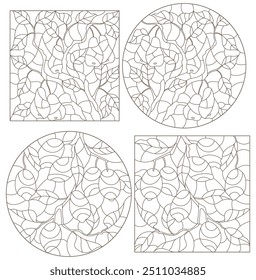 Set contour illustrations of stained glass, the branch of a lemon tree and a pear tree with ripe fruits, dark contour on a white background