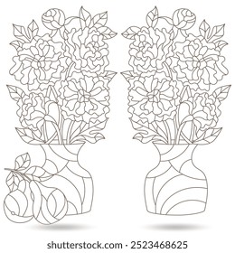 Set of contour illustrations in stained glass style with bouquets of peony flowers in vases and fruits, isolated on a white background