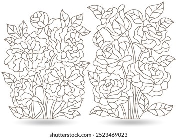 Set of contour illustrations in stained glass style with bouquets of peony and rose flowers, isolated on a white background