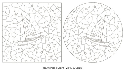 A set of contour illustrations of stained glass windows with sailboats on a background of wind and sky, dark contours on a white background