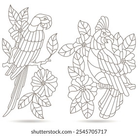 Set of contour illustrations of stained glass Windows with parrots and flowers, dark outlines on a white background