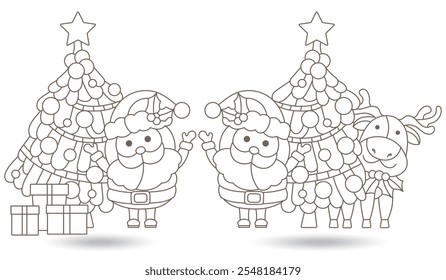 A set of contour illustrations of stained glass windows with Santa and a Christmas tree, dark outlines on a white background