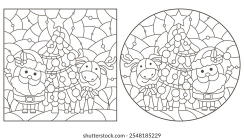 A set of contour illustrations of stained glass windows with Santa and a Christmas tree, dark outlines on a white background