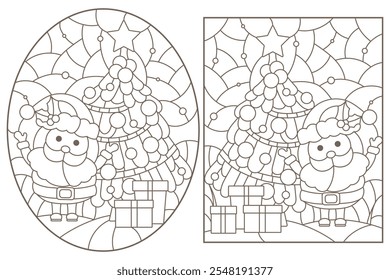 A set of contour illustrations of stained glass windows with Santa and a Christmas tree, dark outlines on a white background