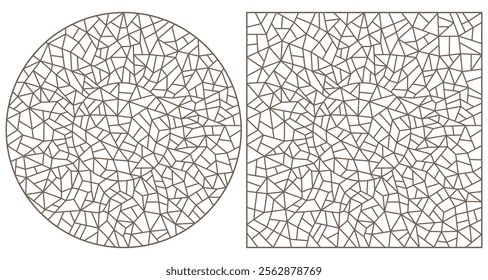 Set of contour illustrations of stained glass Windows with abstract cracked suns, dark contours on a white background