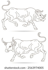 A set of contour illustrations in a stained glass style with abstract bulls, dark contours isolated on a white background