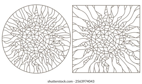 Set of contour illustrations of stained glass Windows with abstract cracked suns, dark contours on a white background