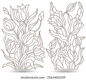 A set of contour illustrations of stained glass Windows with Tulips  dark contours on a white background