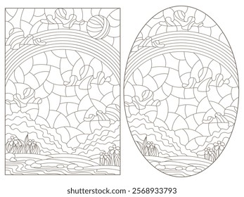 Set of contour illustrations of stained glass Windows with summer landscapes, dark outlines on a white background