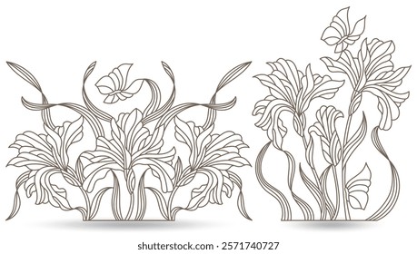 A set of contour illustrations of stained glass Windows with irises in frames, dark contours on a white background