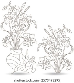 Set of contour illustrations in stained glass style with floral still lifes, dark contours on a white background