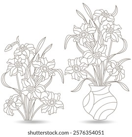 A set of contour illustrations of stained glass Windows with daffodils in frames, dark contours on a white background