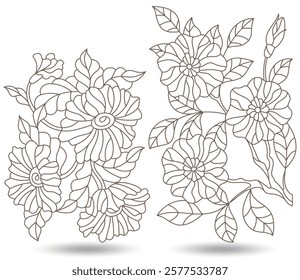 Set of contour illustrations in stained glass style with floral arrangements, dark contours on a white background