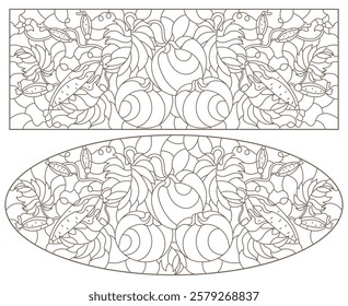 A set of contour illustrations of stained glass Windows with ripe tomatoes and cucumbers, dark contours on a white background