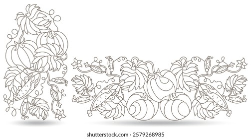 A set of contour illustrations of stained glass Windows with ripe tomatoes and cucumbers, dark contours on a white background