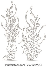 Set of contour illustrations in stained glass style with floral still lifes, dark contours on a white background