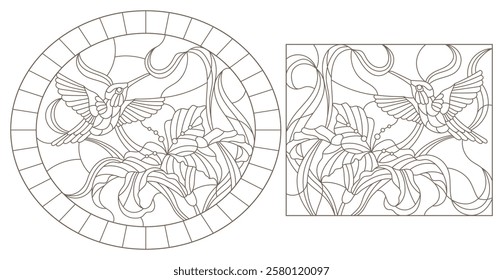 A set of contour illustrations of stained glass Windows with hummingbirds and lilies, dark outlines on a white background