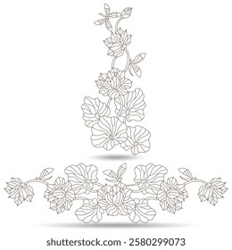 Set contour illustrations of stained glass with flowers  Lotus with dragonflies , dark outline on a white background