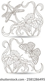 A set of contour illustrations of stained glass windows with butterflies, dragonflies and lily flowers, compositions isolated on a white background