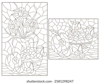 Set of contour illustrations of stained glass Windows with still lifes, flowers and fruits, dark outlines on a white background