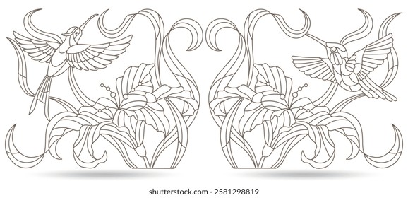 A set of contour illustrations of stained glass Windows with hummingbirds and lilies, dark outlines on a white background