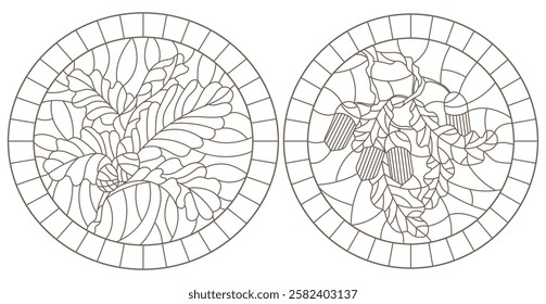 Set of contour illustrations of stained glass Windows with oak branches, acorns and leaves, dark contours on a white background