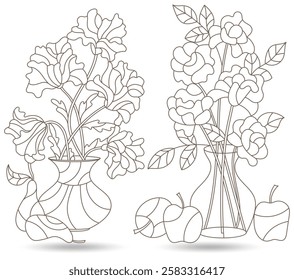 Set of contour illustrations of stained glass Windows with still lifes, poppies and roses dark outlines on a white background