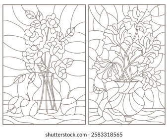 Set of contour illustrations of stained glass Windows with still lifes, poppies and roses dark outlines on a white background