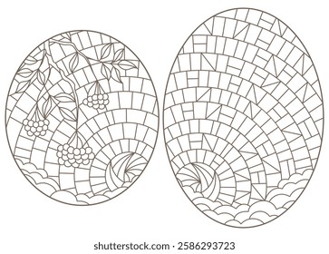 Set of contour illustrations with stained glass, Rowan branches against the sky, dark outlines on a white background