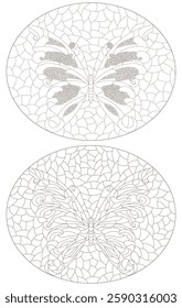 Set of contour illustrations in stained glass style with butterflies , dark contours on a white background