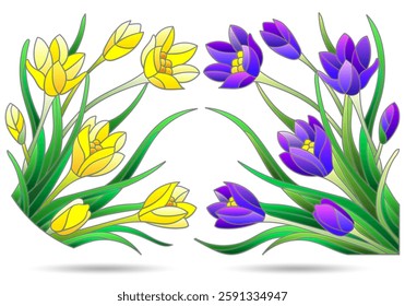 A set of contour illustrations of stained glass Windows with Crocuses, isolated on a white background