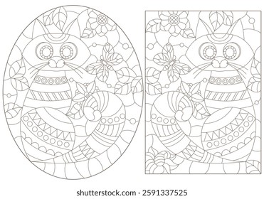 A set of contour illustrations of stained glass Windows with cats on a background of flowers, dark contours on a white background