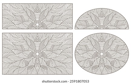 Set of contour illustrations of stained glass Windows with abstract flowers, oval  and square images, dark outlines on white background