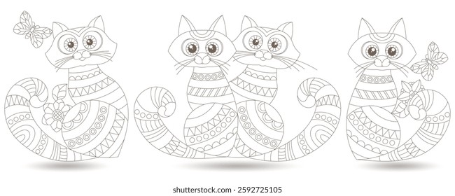 A set of contour illustrations of stained glass Windows with cats on a background of flowers, dark contours on a white background