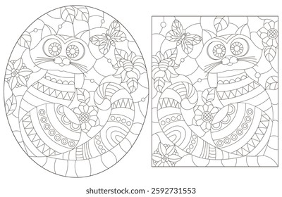 A set of contour illustrations of stained glass Windows with cats on a background of flowers, dark contours on a white background