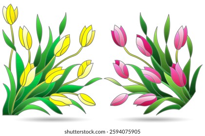 A set of contour illustrations of stained glass Windows with Tulipsin , isolated on a white background