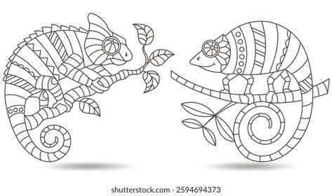 Set of contour illustrations of stained glass Windows with chameleons on tree branches dark contours on a light background