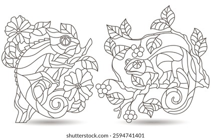 Set of contour illustrations of stained glass Windows with chameleons on tree branches dark contours on a light background